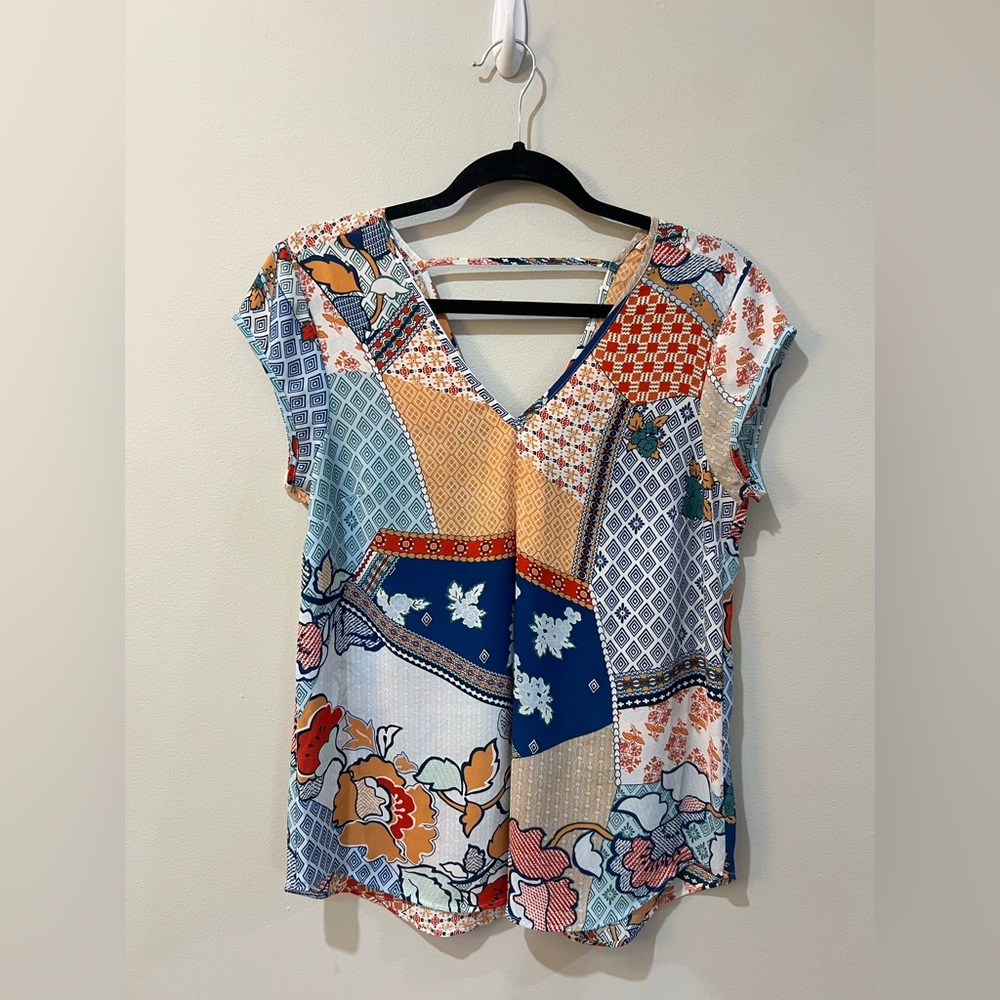 DR2 Blue and Orange Graphic Cap Sleeve Blouse